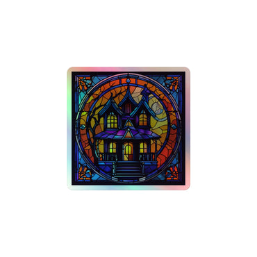 Haunted home Stained Glass Holographic sticker Square