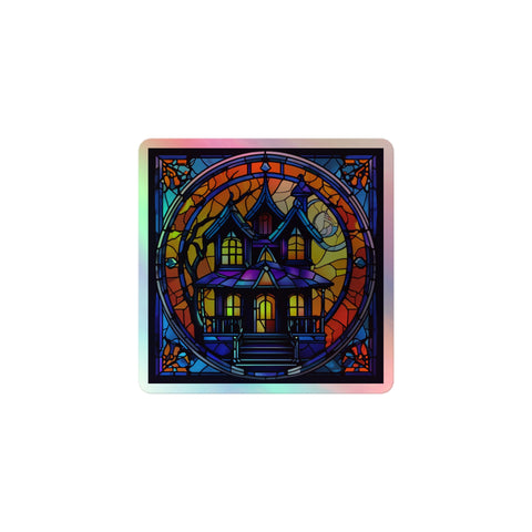 Haunted home Stained Glass Holographic sticker Square