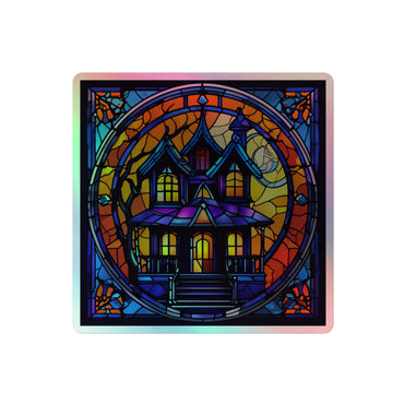 Haunted home Stained Glass Holographic sticker Square