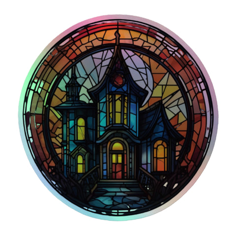 Haunted home Stained glass Circle Holographic sticker