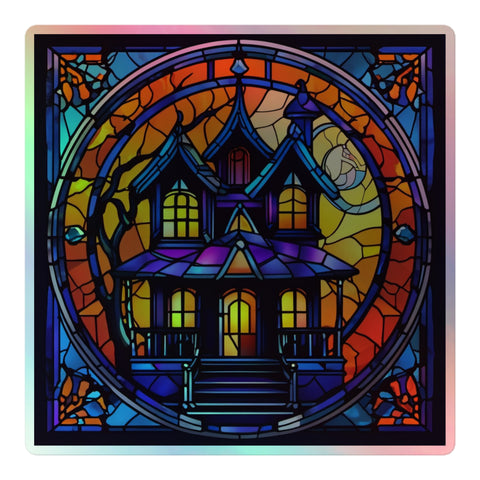 Haunted home Stained Glass Holographic sticker Square